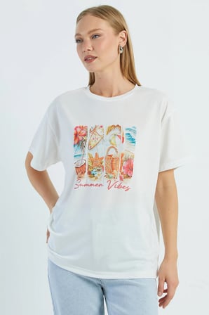 Taşlı Summer Vibes Baskılı Tişört