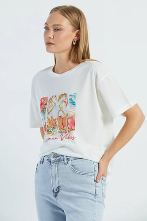 Taşlı Summer Vibes Baskılı Tişört