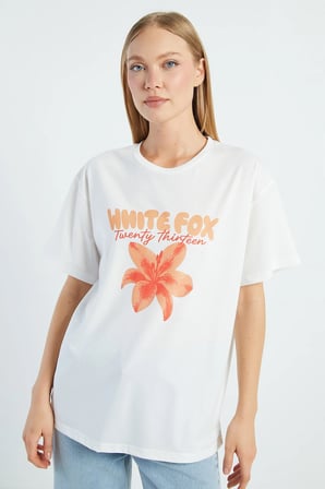 White Fox Baskılı Bisiklet Yaka Tişört