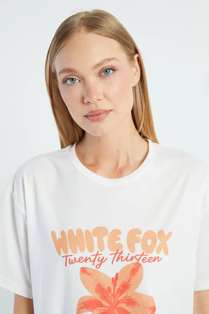 White Fox Baskılı Bisiklet Yaka Tişört