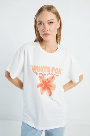 White Fox Baskılı Bisiklet Yaka Tişört