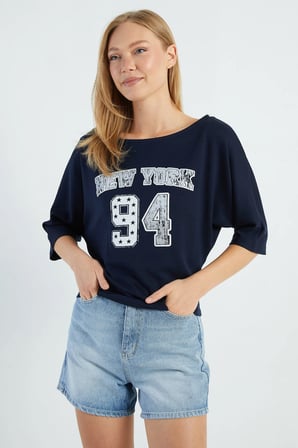 New York Baskılı Yarasa Kol Bluz
