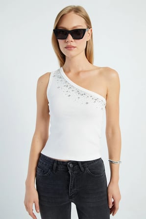 Taşlı Tek Omuz Slim Fit Bluz
