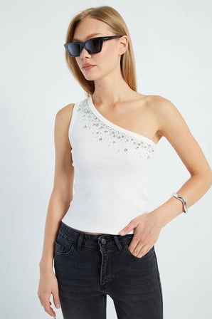 Taşlı Tek Omuz Slim Fit Bluz