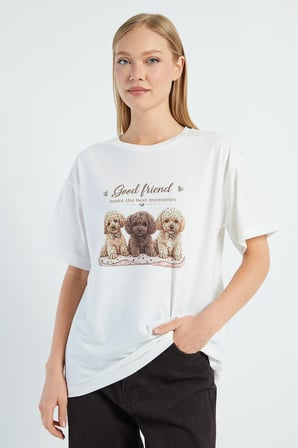 Taşlı Köpek Baskılı Salaş Tişört