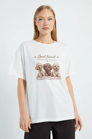 Taşlı Köpek Baskılı Salaş Tişört