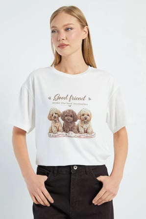 Taşlı Köpek Baskılı Salaş Tişört