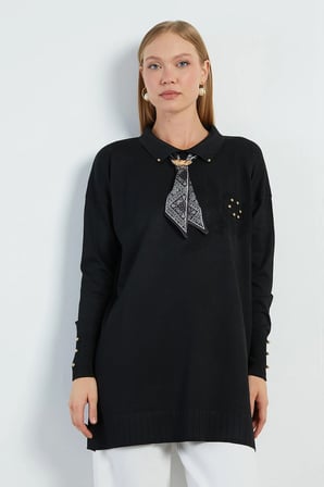 Fullamodest Fularlı Jakarlı Triko Tunik