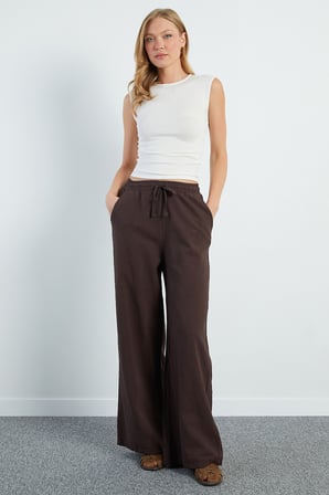Beli Bağlamalı Keten Görünümlü Pantolon