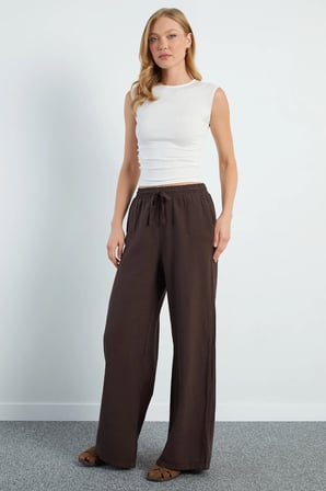 Beli Bağlamalı Keten Görünümlü Pantolon