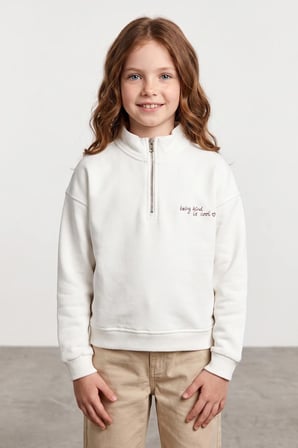 3 İplik Yarım Fermuarlı Dik Yaka Kız Çocuk Sweatshirt