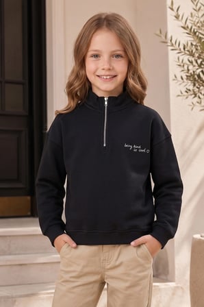 3 İplik Yarım Fermuarlı Dik Yaka Kız Çocuk Sweatshirt