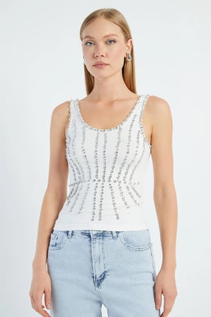 Taş İşlemeli Kalın Askılı Slim Fit Bluz
