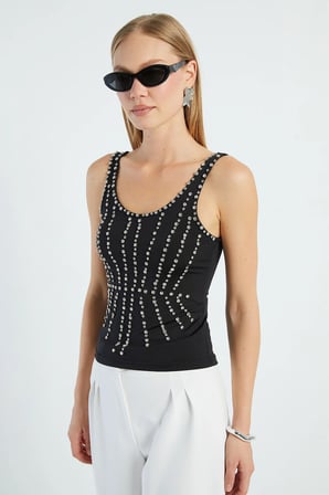 Taş İşlemeli Kalın Askılı Slim Fit Bluz
