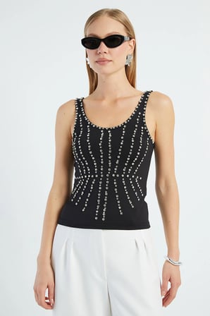 Taş İşlemeli Kalın Askılı Slim Fit Bluz