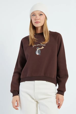 3 İplik Penguen Nakışlı Crop Sweatshirt