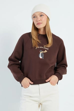 3 İplik Penguen Nakışlı Crop Sweatshirt