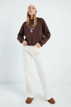 3 İplik Penguen Nakışlı Crop Sweatshirt