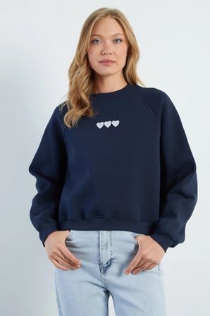 3 İplik Kalp Nakışlı Oversize Sweatshirt