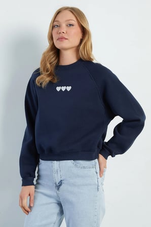 3 İplik Kalp Nakışlı Oversize Sweatshirt
