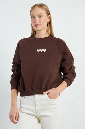 3 İplik Kalp Nakışlı Oversize Sweatshirt