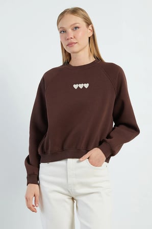 3 İplik Kalp Nakışlı Oversize Sweatshirt