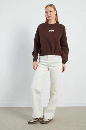 3 İplik Kalp Nakışlı Oversize Sweatshirt