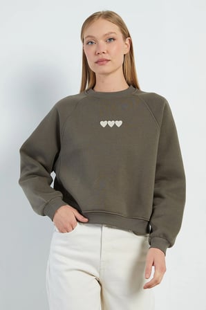 3 İplik Kalp Nakışlı Oversize Sweatshirt