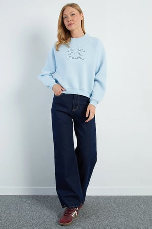 3 İplik Yazı Nakışlı Reglan Kol Oversize Sweatshirt