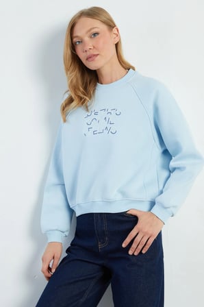3 İplik Yazı Nakışlı Reglan Kol Oversize Sweatshirt