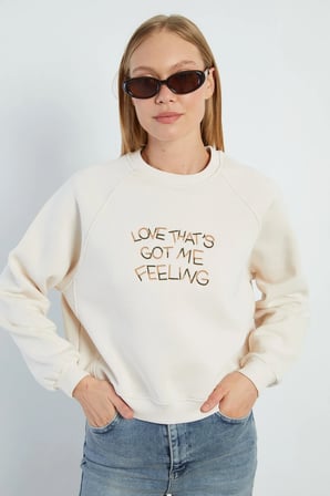 3 İplik Yazı Nakışlı Reglan Kol Oversize Sweatshirt