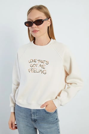 3 İplik Yazı Nakışlı Reglan Kol Oversize Sweatshirt