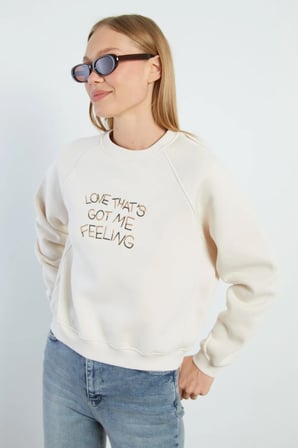 3 İplik Yazı Nakışlı Reglan Kol Oversize Sweatshirt