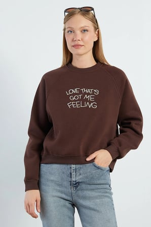 3 İplik Yazı Nakışlı Reglan Kol Oversize Sweatshirt