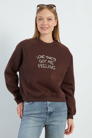 3 İplik Yazı Nakışlı Reglan Kol Oversize Sweatshirt