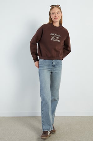 3 İplik Yazı Nakışlı Reglan Kol Oversize Sweatshirt