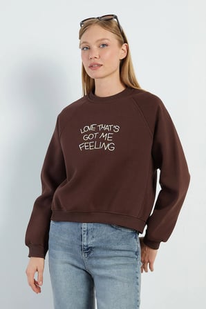 3 İplik Yazı Nakışlı Reglan Kol Oversize Sweatshirt