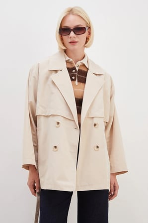 Pelerinli Kuşaklı Geniş Kol Oversize Trençkot