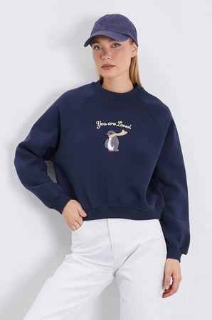 3 İplik Penguen Nakışlı Crop Sweatshirt