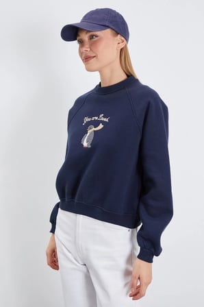 3 İplik Penguen Nakışlı Crop Sweatshirt