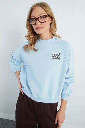 3 İplik Leopar Nakışlı Reglan Kol Oversize Sweatshirt