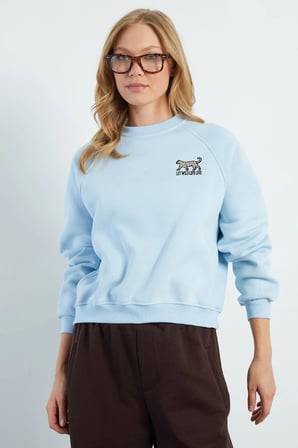 3 İplik Leopar Nakışlı Reglan Kol Oversize Sweatshirt