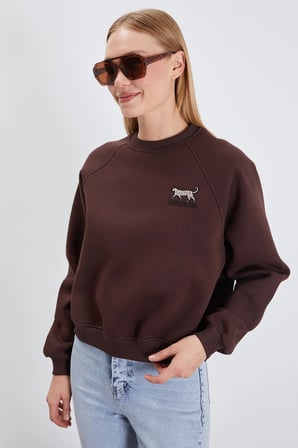 3 İplik Leopar Nakışlı Reglan Kol Oversize Sweatshirt
