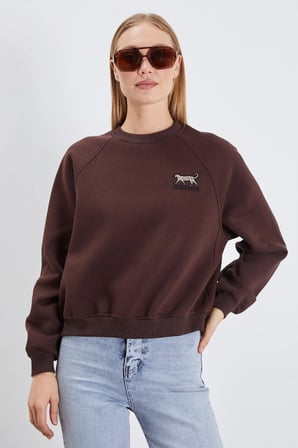 3 İplik Leopar Nakışlı Reglan Kol Oversize Sweatshirt