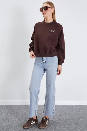 3 İplik Leopar Nakışlı Reglan Kol Oversize Sweatshirt