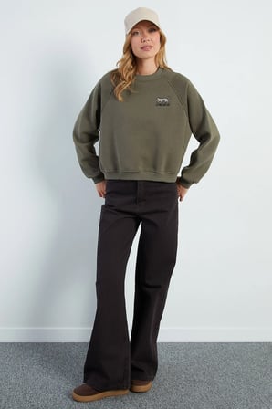 3 İplik Leopar Nakışlı Reglan Kol Oversize Sweatshirt