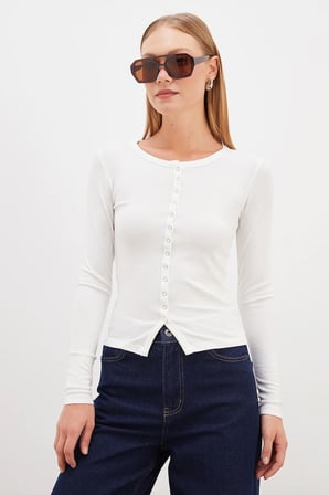 Önü Çıtçıtlı Ribanalı Slim Fit Bluz