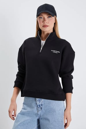 3 İplik London Baskılı Yarım Fermuarlı Sweatshirt