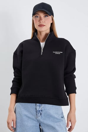 3 İplik London Baskılı Yarım Fermuarlı Sweatshirt