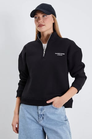 3 İplik London Baskılı Yarım Fermuarlı Sweatshirt